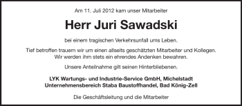 Traueranzeige von Juri Sawadski von Odenwälder Echo