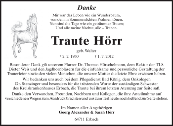 Traueranzeige von Traute Hörr von Odenwälder Echo