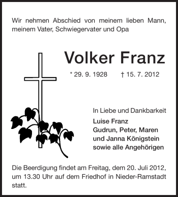 Traueranzeige von Volker Franz von Echo-Zeitungen (Gesamtausgabe)