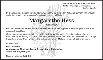 Traueranzeige von Margarethe Hess von Starkenburger Echo