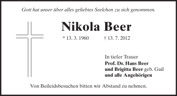 Traueranzeige von Nikola Beer von Echo-Zeitungen (Gesamtausgabe)