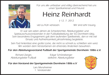 Traueranzeige von Heinz Reinhardt von Rüsselsheimer Echo, Groß-Gerauer-Echo, Ried Echo