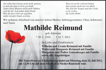Traueranzeige von Mathilde Reimund von Echo-Zeitungen (Gesamtausgabe)