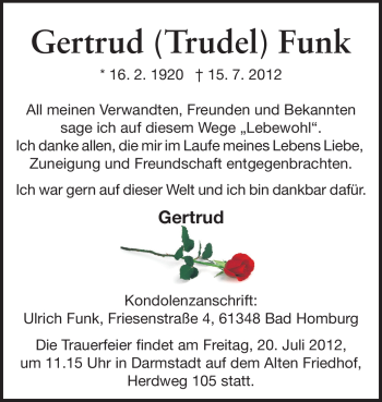 Traueranzeige von Gertrud Funk von Echo-Zeitungen (Gesamtausgabe)