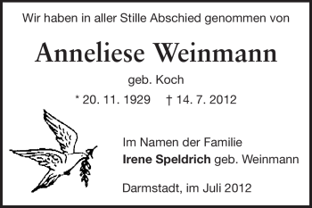 Traueranzeige von Anneliese Weinmann von Echo-Zeitungen (Gesamtausgabe)