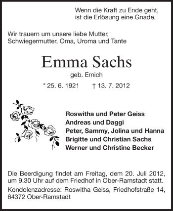 Traueranzeige von Emma Sachs von Echo-Zeitungen (Gesamtausgabe)