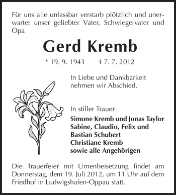 Traueranzeige von Gerd Kremb von Echo-Zeitungen (Gesamtausgabe)