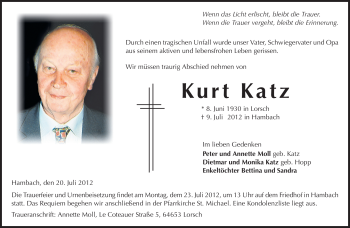 Traueranzeige von Kurt Katz von Starkenburger Echo, Bergsträßer Anzeiger