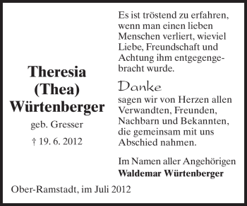 Traueranzeige von Theresia Würtenberger von Echo-Zeitungen (Gesamtausgabe)