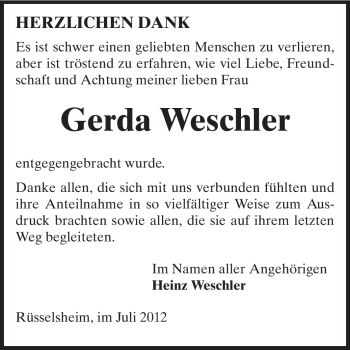 Traueranzeige von Gerda Weschler von Rüsselsheimer Echo, Groß-Gerauer-Echo, Ried Echo