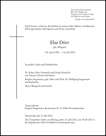 Traueranzeige von Else Dörr von Echo-Zeitungen (Gesamtausgabe)
