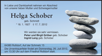 Traueranzeige von Helga Schober von Echo-Zeitungen (Gesamtausgabe)