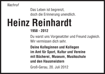 Traueranzeige von Heinz Reinhardt von Rüsselsheimer Echo, Groß-Gerauer-Echo, Ried Echo