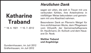 Traueranzeige von Katharine Traband von Echo-Zeitungen (Gesamtausgabe)