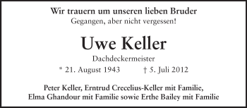 Traueranzeige von Uwe Keller von Echo-Zeitungen (Gesamtausgabe)