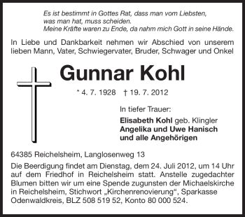 Traueranzeige von Gunnar Kohl von Odenwälder Echo