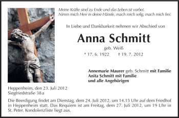 Traueranzeige von Anna Schmitt von Starkenburger Echo