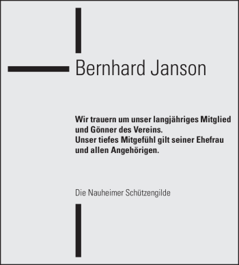 Traueranzeige von Bernhard Janson von Rüsselsheimer Echo, Groß-Gerauer-Echo, Ried Echo