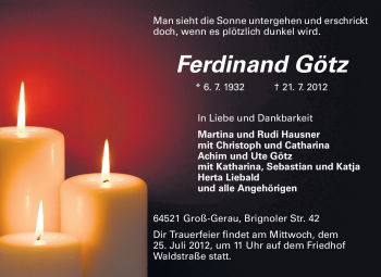 Traueranzeige von Ferdinand Götz von Rüsselsheimer Echo, Groß-Gerauer-Echo, Ried Echo