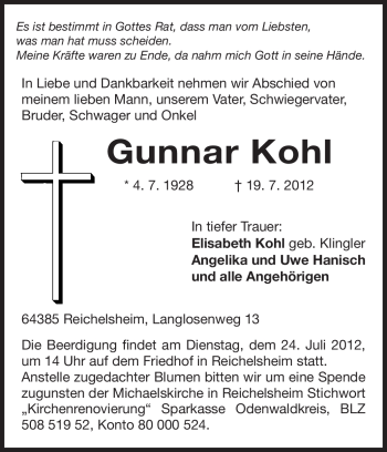 Traueranzeige von Gunnar Kohl von Darmstädter Echo, Odenwälder Echo, Rüsselsheimer Echo, Groß-Gerauer-Echo, Ried Echo