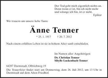 Traueranzeige von Änne Tenner von Echo-Zeitungen (Gesamtausgabe)