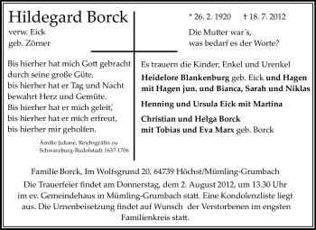 Traueranzeige von Hildegard Borck von Odenwälder Echo