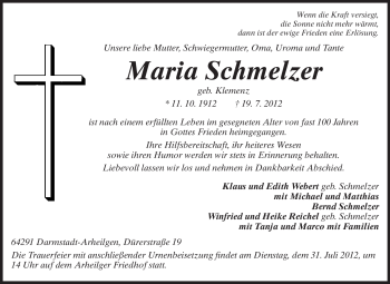 Traueranzeige von Maria Schmelzer von Echo-Zeitungen (Gesamtausgabe)