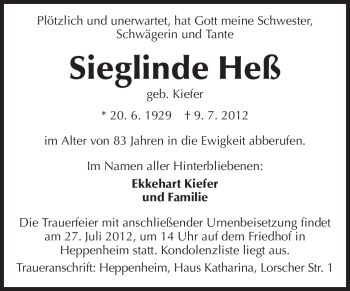 Traueranzeige von Sieglinde Heß von Starkenburger Echo