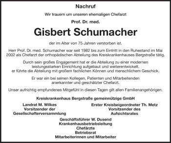 Traueranzeige von Gisbert Schumacher von Starkenburger Echo