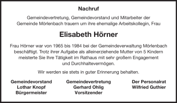 Traueranzeige von Elisabeth Hörner von Starkenburger Echo