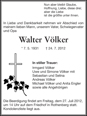 Traueranzeige von Walter Völker von Odenwälder Echo