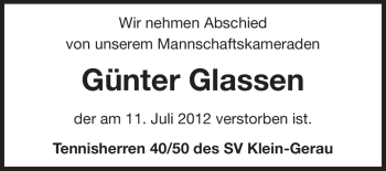Traueranzeige von Günter Glassen von Rüsselsheimer Echo, Groß-Gerauer-Echo, Ried Echo