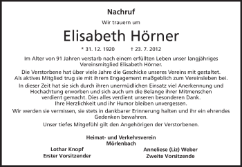Traueranzeige von Elisabeth Hörner von Starkenburger Echo