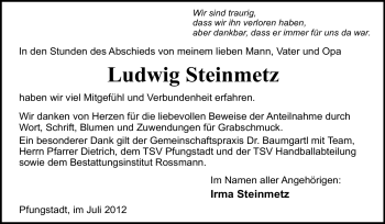 Traueranzeige von Ludwig Steinmetz von Echo-Zeitungen (Gesamtausgabe)