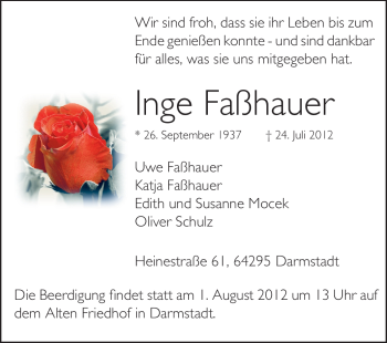 Traueranzeige von Inge Faßhauer von Darmstädter Echo, Odenwälder Echo, Rüsselsheimer Echo, Groß-Gerauer-Echo, Ried Echo