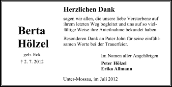 Traueranzeige von Berta Hölzel von Odenwälder Echo