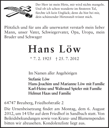 Traueranzeige von Hans Löw von Odenwälder Echo