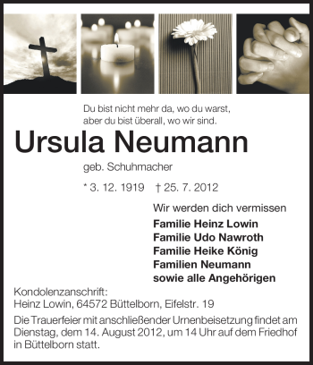 Traueranzeige von Ursula Neumann von Rüsselsheimer Echo, Groß-Gerauer-Echo, Ried Echo