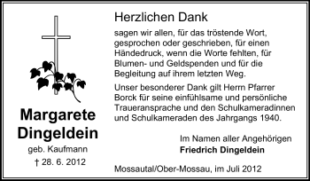 Traueranzeige von Margarete Dingeldein von Odenwälder Echo