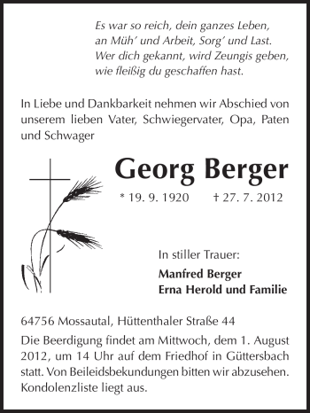 Traueranzeige von Georg Berger von Odenwälder Echo