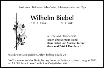 Traueranzeige von Wilhelm Biebel von Rüsselsheimer Echo, Groß-Gerauer-Echo, Ried Echo