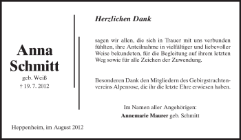 Traueranzeige von Anna Schmitt von Starkenburger Echo