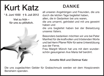 Traueranzeige von Kurt Katz von Starkenburger Echo, Bergsträßer Anzeiger