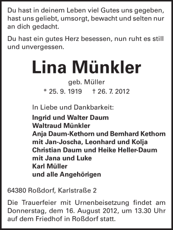 Traueranzeige von Lina Münkler von Echo-Zeitungen (Gesamtausgabe)