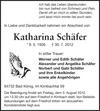 Traueranzeige von Katharina Schäfer von Odenwälder Echo