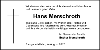 Traueranzeige von Hans Merschroth von Darmstädter Echo, Odenwälder Echo, Rüsselsheimer Echo, Groß-Gerauer-Echo, Ried Echo