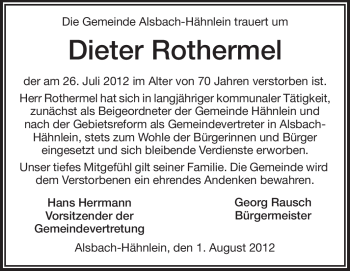 Traueranzeige von Dieter Rothermel von Echo-Zeitungen (Gesamtausgabe)