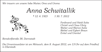 Traueranzeige von Anna Schwitallik von Darmstädter Echo, Odenwälder Echo, Rüsselsheimer Echo, Groß-Gerauer-Echo, Ried Echo