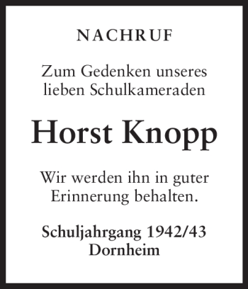 Traueranzeige von Horst Knopp von Rüsselsheimer Echo, Groß-Gerauer-Echo, Ried Echo