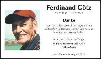 Traueranzeige von Ferdinand Götz von Rüsselsheimer Echo, Groß-Gerauer-Echo, Ried Echo